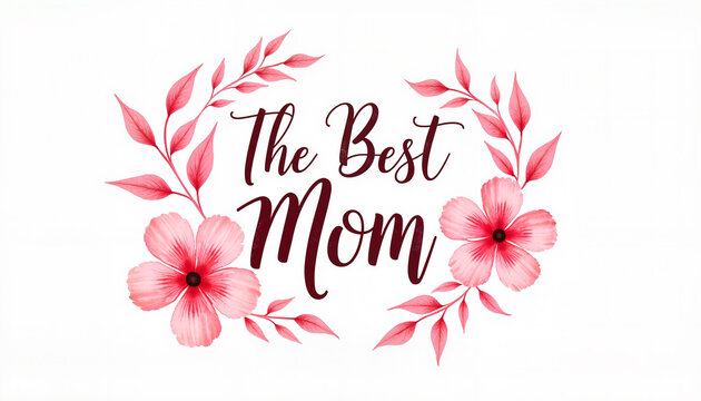 Botanical-themed greeting card featuring "The Best Mom" in elegant script surrounded by pink flowers, celebrating motherhood and appreciation.