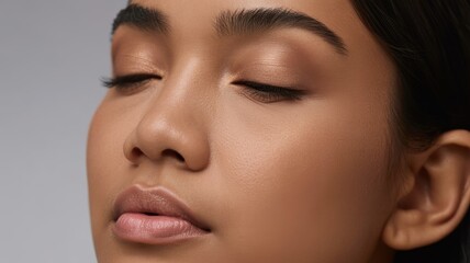 Fototapeta premium Asian young female with flawless skin and natural makeup close-up