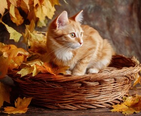 Cat sitting in a basket and autumn leaves