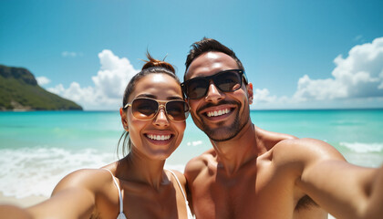 Obraz premium Happy African-American couple taking a selfie on a tropical beach with turquoise ocean and mountain island backdrop, joyful vacation concept.