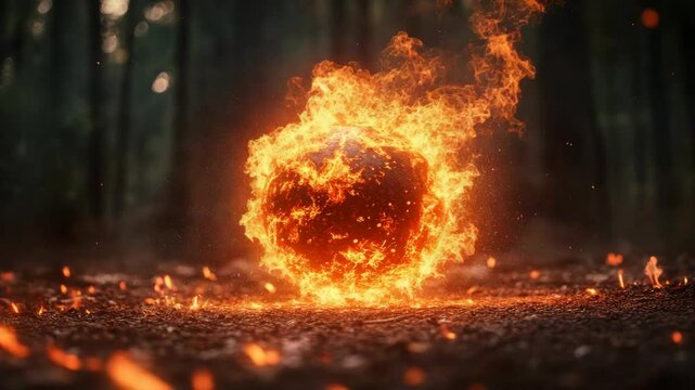 A blazing fireball hovers over a forest floor with scattered embers, in a realistic style, set against a dark woodland background, symbolizing power