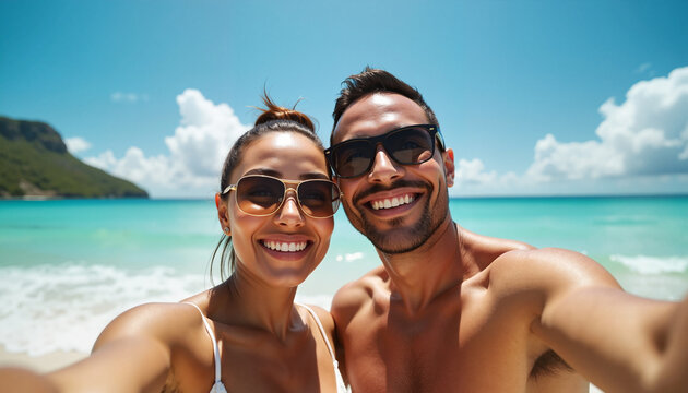 Happy African-American couple taking a selfie on a tropical beach with turquoise ocean and mountain island backdrop, joyful vacation concept.