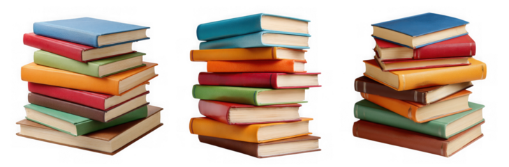Three stacks of colorful books isolated on transparent background