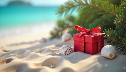 Christmas-themed beach scene with a beautifully wrapped red gift box, seashells, and pine branches, blending holiday spirit with tropical vibes.