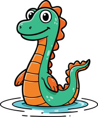 Fototapeta premium Cute cartoon green and orange sea monster emerging from water playful illustration vector 