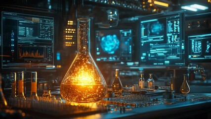 Bright glowing chemical flask in a high-tech laboratory, realistic style, with digital data displays in background, concept of advanced science - Powered by Adobe