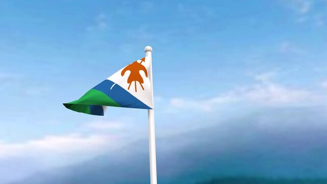 4k Footage Lesotho flag in the wind, blue sky with a cinematic view, Lesotho Flag waving in the wind with a drone shot sky background. It's the Perfect Loop national holiday and Independence Day