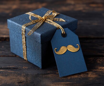 Card with navy blue gift box with gold ribbon and blank gift tag with mustache. Space for your text