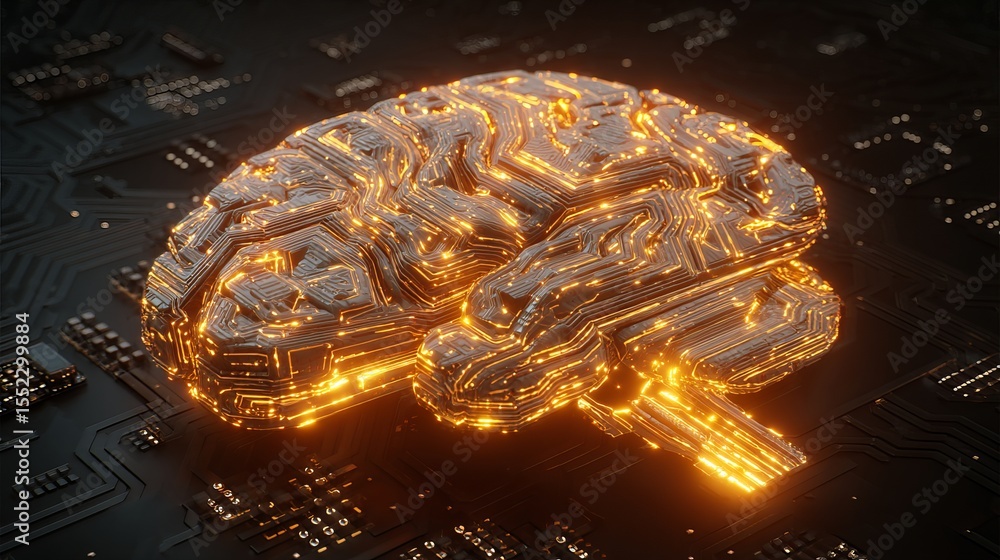 Poster abstract metallic brain circuit board digital art glowing orange lines technology innovation futuris