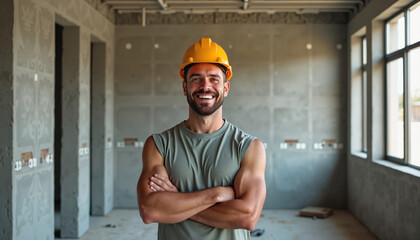 Confident construction worker smiling with crossed arms in a partially built room, representing determination and progress.