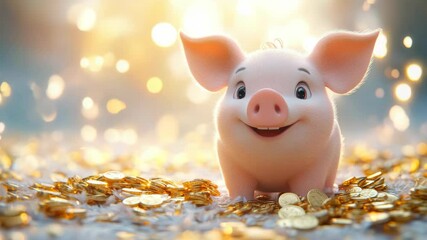 Adorable cartoon-style piglet surrounded by shiny gold coins, glowing bokeh background, concept of wealth, prosperity, and savings