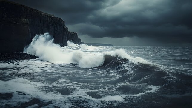 Raging Seas and Dramatic Skies: A powerful image capturing the untamed force of the ocean as waves crash against rugged cliffs under a brooding sky, creating a dramatic and evocative coastal scene. 