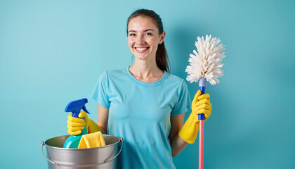 Cheerful woman in blue t-shirt and yellow gloves holding a mop and spray bottle in front of a light blue background, concept of cleanliness and positivity.