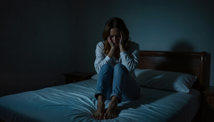 Crying woman sitting alone on bed in dark room — powerful concept of domestic violence, emotional abuse, trauma, fear, and isolation in toxic relationships and unsafe home environments