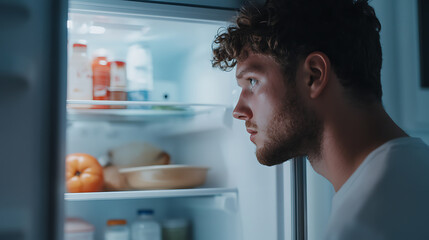 Late-night fridge raid: a man peers into the refrigerator, illuminated by its cool light, contemplating a snack at night, driven by a midnight craving.