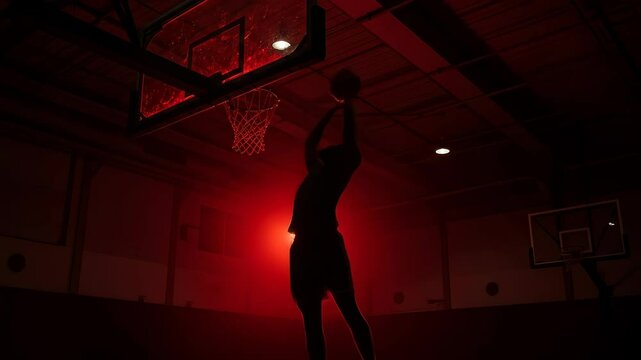  Basketball Player Dunking & Shooting in Red Lit Gym: Silhouette Workout, Athletic Training