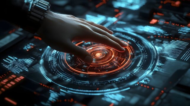 Activating Future Systems: A Hand Interacting with a Luminous Spinning Digital Control Panel