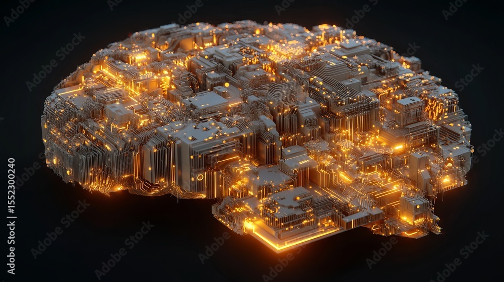 Poster abstract brain circuitry digital art golden orange technology futuristic neural network artificial i