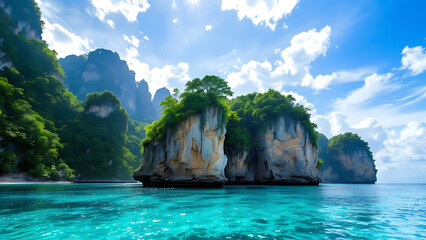 Lush Island with Tropical Waters and Rocky Cliffs