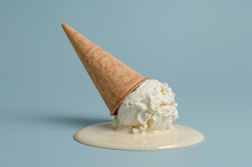 Upside Down Melted Ice Cream Cone on Blue Background