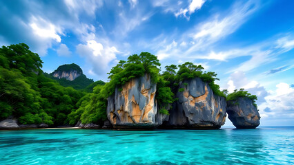 Tropical Beach with Rocky Islands and Clear Blue Water