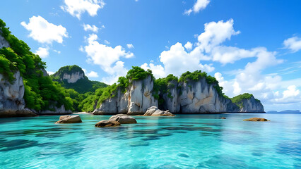 Scenic Coastal Island with Lush Green Trees and Ocean View