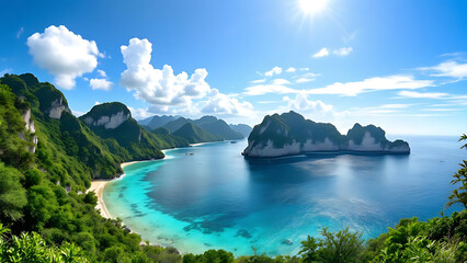 Aerial View of Tropical Bay with Mountains and Islands