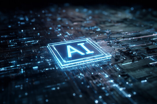 Ai chip processing on a glowing circuit board for future ai