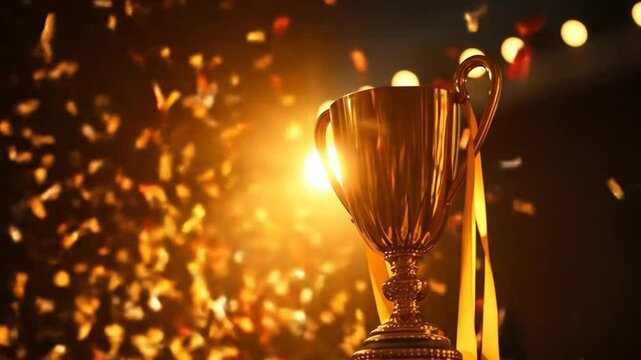 Gold winner trophy with falling confetti ribbons. First place trophy prize, champion award, best success achievement in sports competition. 4k video