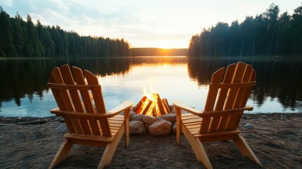 Two rustic wooden chairs are placed beside a glowing campfire at a lake, capturing the cozy essence of tranquility and connection in nature at sunset.