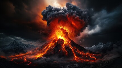 Fototapeta premium A dramatic volcano erupts violently, spewing lava and smoke into the sky, creating a breathtaking portrayal of nature's power and raw energy.