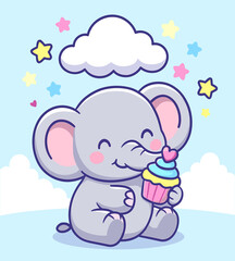 Cute baby elephant eating cupcake cartoon vector icon illustration animal sky icon isolated flat vector