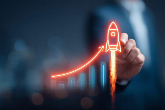 Startup rocket launch symbolizing business growth and success