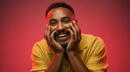 Obraz premium Smiling young african male in yellow shirt against red background
