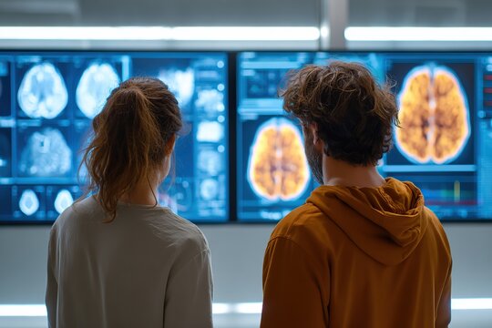 Developers collaborating on project while analyzing brain scan data in a modern lab setting