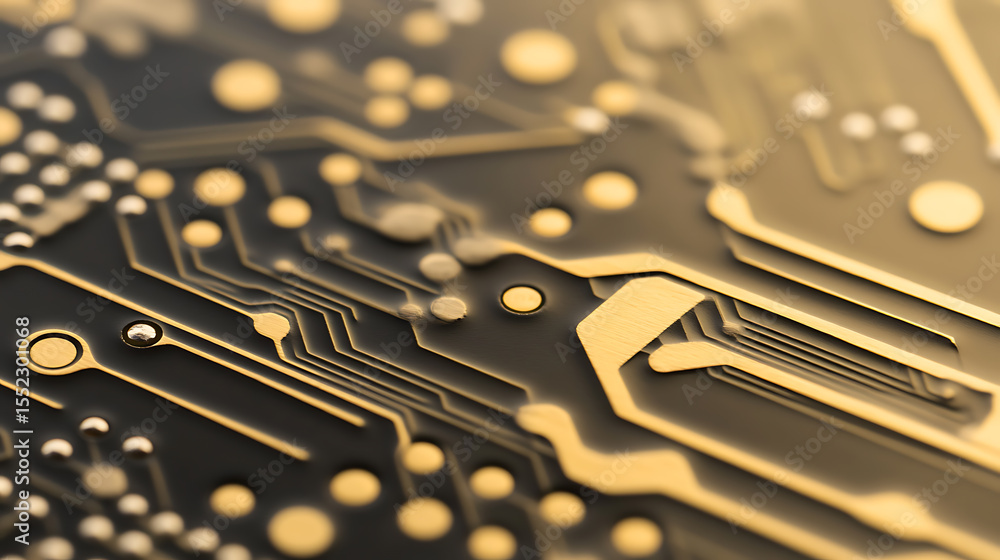 Poster close-up of a printed circuit board, showcasing intricate pathways and components in metallic gold o
