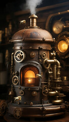 A steampunk beehive crafted from an old wooden log, enhanced with brass pipes, gears, and a steam canister. It blends rustic nature with vintage mechanical charm.