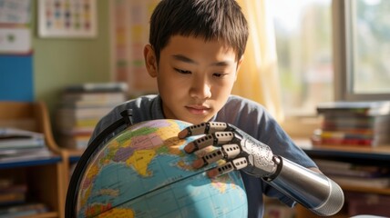 Asian young boy with prosthetic hand exploring globe in classroom