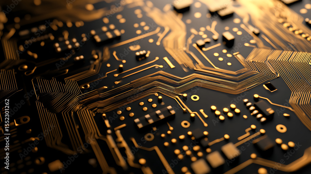 Poster electronic circuitry: an intricate network of golden pathways and components laid out on a dark back