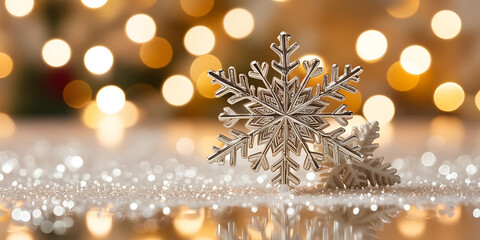 Glittering Snowflake and Soft Blurred Christmas Lights

