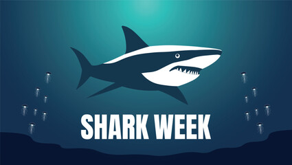 Shark Week July Bold Graphic Design, Minimalist Style, Ocean Theme.