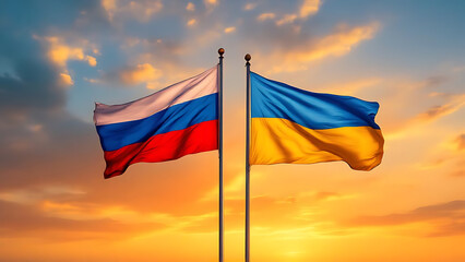Ukraine and Russia Flags Waving in Sunset