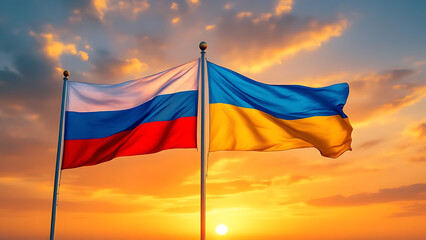 Ukraine and Russia National Flags at Sunrise