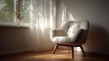 Cozy beige armchair with wooden legs placed beside bright window and soft curtains in serene minimalist modern home interior with natural morning light