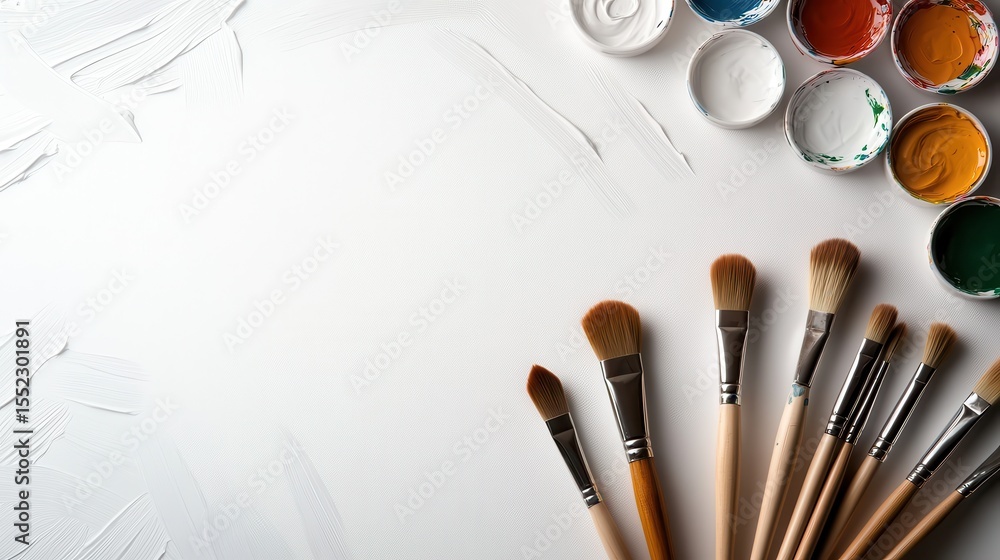 Poster an aesthetically pleasing layout of paintbrushes and colorful paint pots on a blank canvas, ideal fo