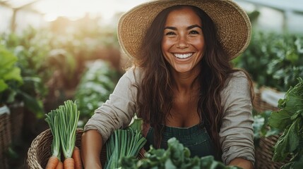 A joyful farmer smiles brightly while holding a basket filled with vibrant, fresh vegetables, showcasing a connection to nature and the joys of farming.
