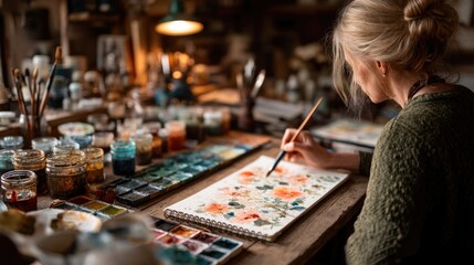 Fototapeta premium Woman painting flowers with watercolors