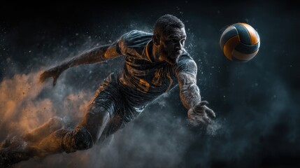 Athlete dives to save volleyball during intense indoor game with dramatic lighting and dust effects creates a dynamic action shot