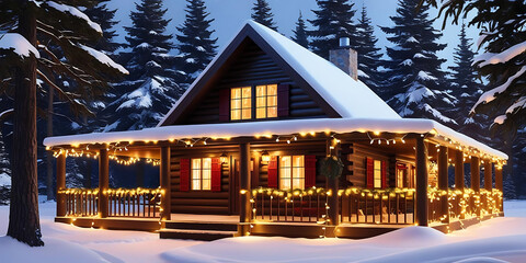 Snow Covered Log Cabin Surrounded by Pine Trees


