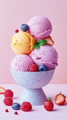 Fruit and berry ice cream scoops in a vintage bowl. Pink food. Cold dessert, ice balls. Delicate color palette. Images for advertising, books, menus.